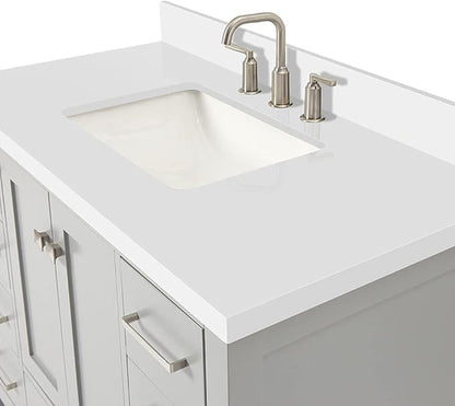 ARIEL Cambridge 42-inch Bathroom Vanity with Sink,Solid Wood, 1.5-inch Pure White Quartz Countertop & Backsplash, Single Rectangular Porcelain Sink, 2 Soft Closing Doors, 9 Dovetail Drawers, Grey