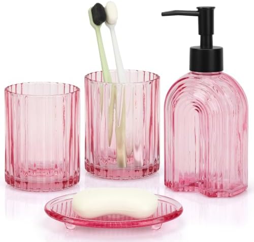Bathroom Accessories Set, 4Pcs Glass Bathroom Accessories Set Complete, 11.6OZ Lotion Soap Dispenser, Toothbrush Holder, Mouthwash Cup, Soap Dish for Bathroom Decor, Countertop Organizer (Pink)