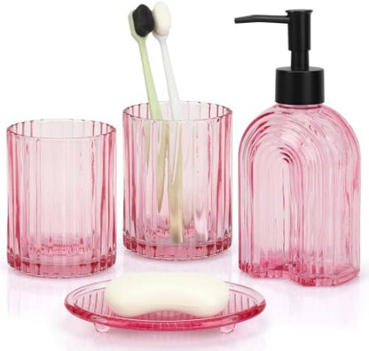 Bathroom Accessories Set, 4Pcs Glass Bathroom Accessories Set Complete, 11.6OZ Lotion Soap Dispenser, Toothbrush Holder, Mouthwash Cup, Soap Dish for Bathroom Decor, Countertop Organizer (Pink)