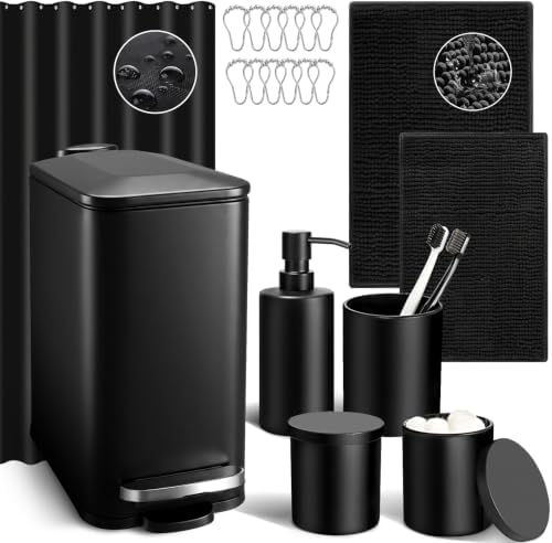 Bathroom Sets with Shower Curtain and Rugs, 8 Pcs Black Bathroom Accessories with Trash Can, Waterproof Shower Curtain, Bathroom Rugs Super Absorbent, Modern Bathroom Sets Complete Decor