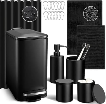 Bathroom Sets with Shower Curtain and Rugs, 8 Pcs Black Bathroom Accessories with Trash Can, Waterproof Shower Curtain, Bathroom Rugs Super Absorbent, Modern Bathroom Sets Complete Decor