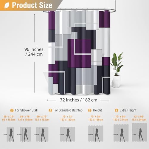 BTTN 72 x 96 Long Modern Geometric Waterproof Fabric Shower Curtain, Purple