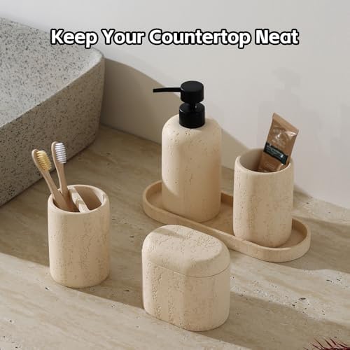 Bathroom Accessories Set, Travertine Stone Look, 5 PCS, Yellow