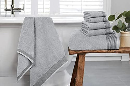 Belizzi Home 100% Cotton Ultra Soft 6 Pack Towel Set, Contains 2 Bath Towels 28x55 inchs, 2 Hand Towels 16x24 inchs & 2 Washcloths 12x12 inchs, Compact Lightweight & Highly Absorbant - Light Grey