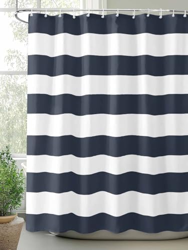 Shower Curtain Bathroom Set Navy Blue and White Stripe Waterproof Shower Curtains with Grommets Hooks Classic Texture Privacy Bath Curtain for Bathtub Decor 60x72in