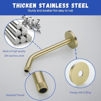 10 in Brushed Gold Shower Arm with Flange,Wall Mount Replacement Angle Shower Head Arm Wall-Mounted For Fixed Shower Head & Handheld Showerhead,SW-RD91018-10BG.