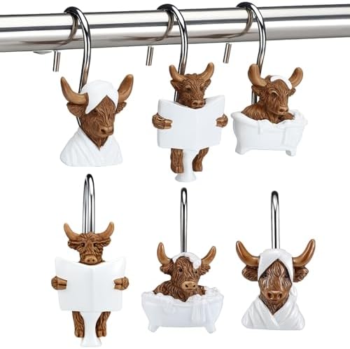 Roowest 12 Pcs Highland Cow Shower Curtain Hooks, Stainless Steel Farmhouse