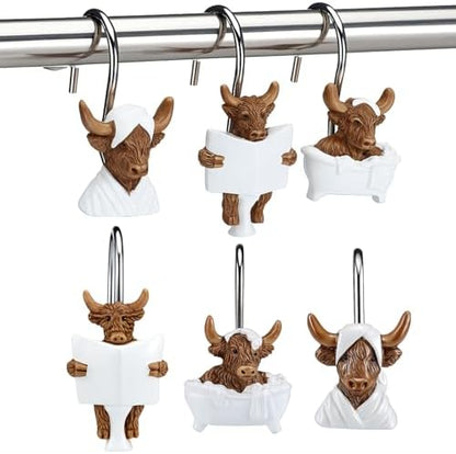 Roowest 12 Pcs Highland Cow Shower Curtain Hooks, Stainless Steel Farmhouse