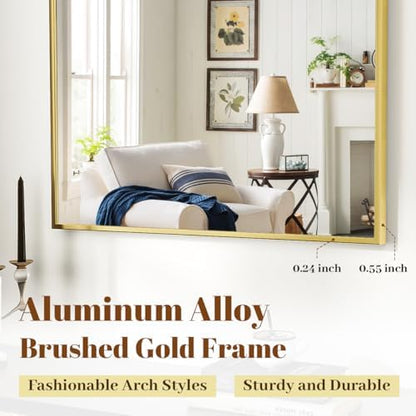 VooBang Arched Wall Mirror, 26 x 28 inch Arch Bathroom Mirror, Wall Mounted Vanity Mirror with Arch Metal Frame, Modern Bathroom Vanity Mirror for Bedroom, Living Room, Hanging or Leaning, Gold