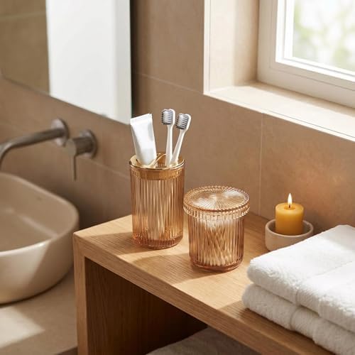 4 Pcs Brown Bathroom Accessories Set, Glass Bathroom Set, Soap Dispenser, Toothbrush Holder, Qtip Holders, Modern Bathroom Decor, Housewarming Gift Set （Amber Brown）