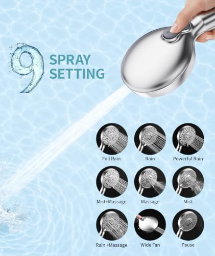 SR SUN RISE Filtered Shower Head with Handheld High Pressure 9 Spray Mode Showerhead Detachable Shower Head Water Softener Filters Beads for Hard Water Remove Chlorine 1 Filter 1.8GPM Chrome