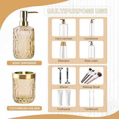 RRM Glass Bathroom Toothbrush Holder and Soap Dispenser Set, Brown