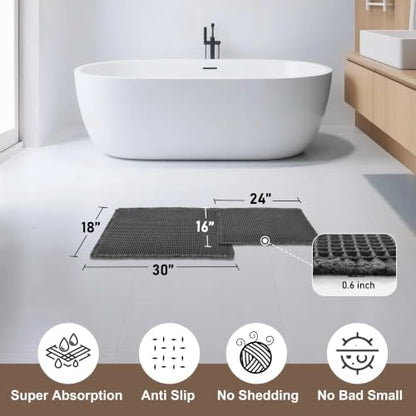 JIUZHEN Set of 2 Waffle Bath Mats Boho Bath Rugs 16"x24"+18"x30", Black
