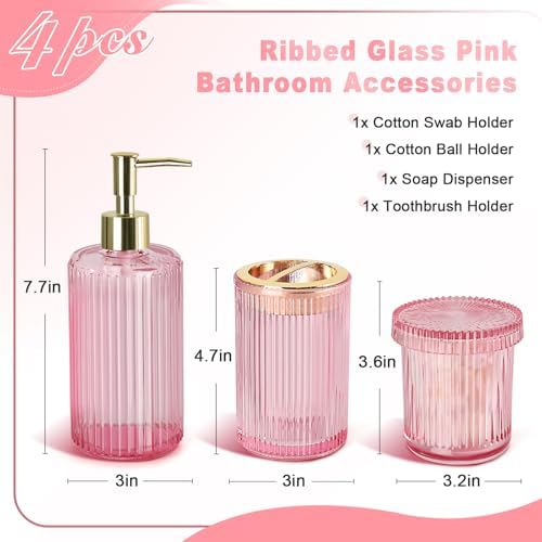 RYTOXILO Pink Bathroom Accessories Set, Pink Bathroom Decor Accessory Sets Complete, 4 Pack Ribbed Grils Soap Dispenser and Toothbrush Holder Set with 2 Qtip Holders, Girly Bath Counter Essentials