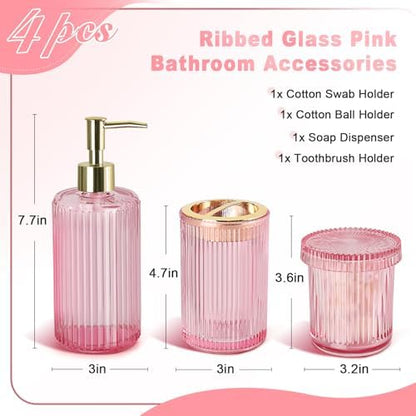 RYTOXILO Pink Bathroom Accessories Set, Pink Bathroom Decor Accessory Sets Complete, 4 Pack Ribbed Grils Soap Dispenser and Toothbrush Holder Set with 2 Qtip Holders, Girly Bath Counter Essentials