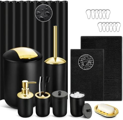 Black Bathroom Accessories Set, 22Pcs Bathroom Sets with Shower Curtain and Rugs, Bathroom Accessories Sets Complete with Trash Can, Non-Slip Bathroom Rugs, Super Absorbent, Black Gold