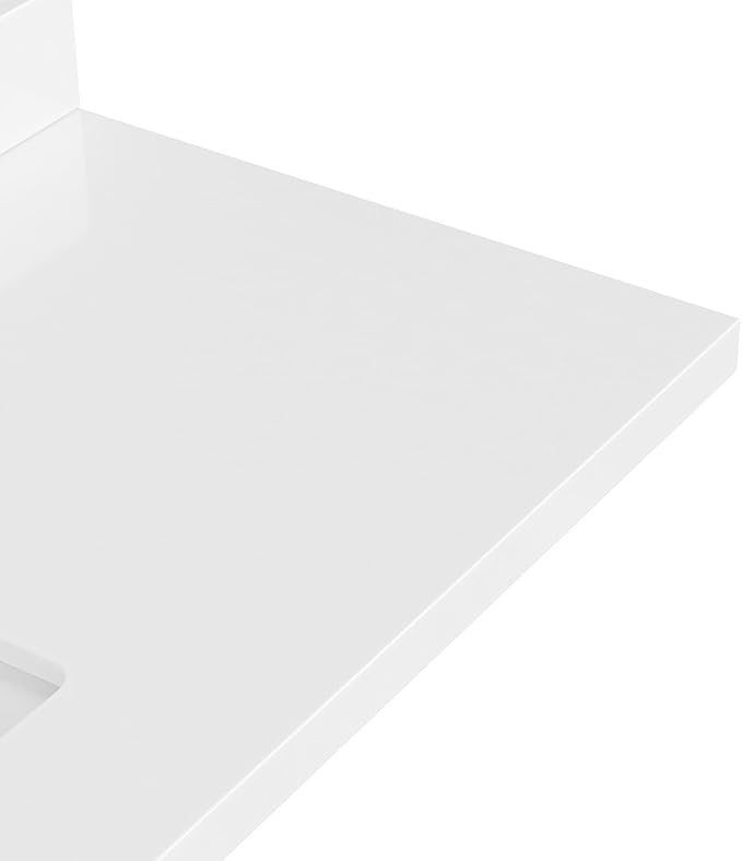 ARIEL 43 inch Bathroom Vanity top with Sink, 1.5 Inch Thick Miter Edge White Quartz top, Left Offset Vanity top with Rectangle Porcelain Sink, Includes Backsplash