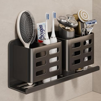 Aluminum Toothbrush Holder， Wall-Mounted，Bathroom Rack，4 Slot，Black