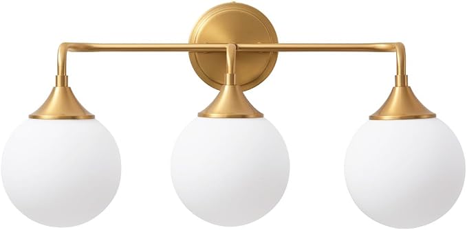 Brushed Gold Bathroom Light Fixtures Over Mirror Vanity 3-Light | Mid Century Modern Brushed Gold Wall Sconce with Milky White Glass Ball Shades for for Bathroom Dressing Table Bedroom