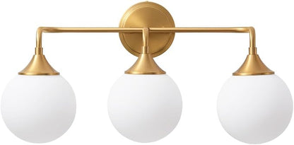 Brushed Gold Bathroom Light Fixtures Over Mirror Vanity 3-Light | Mid Century Modern Brushed Gold Wall Sconce with Milky White Glass Ball Shades for for Bathroom Dressing Table Bedroom
