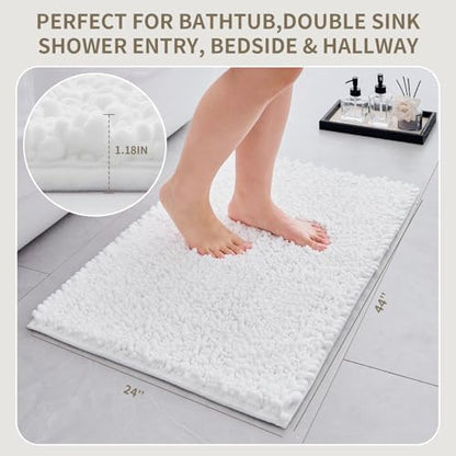 Bathroom Rugs Non Slip Washable 44x24, Extra Thick Soft Chenille Absorbent Bath Mat, High Density Barrier Non Slip Backing, Quick Dry Plush Shaggy Floor Carpet for Tub&Shower, White