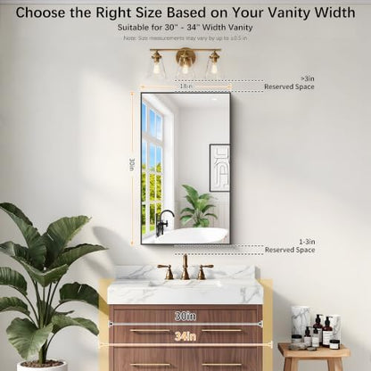DESBING 18" x 30" Bathroom Mirror, Black Metal Frame Wall Mirror