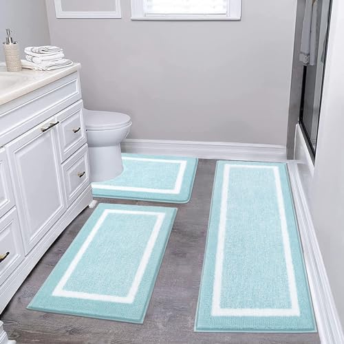 Pauwer Bathroom Rugs 3 Piece Set, Non Slip Washable Bath Mat, Light Blue