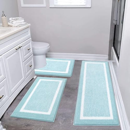 Pauwer Bathroom Rugs 3 Piece Set, Non Slip Washable Bath Mat, Light Blue