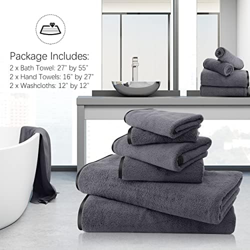 TENSTARS Luxury Silk Hemming Towel Set - Light Thin Quick Drying - 2 Bath Towels 2 Hand Towels 2 Washcloths - Ultra Soft Microfiber, for Bath Fitness, Sports, Yoga, Travel (Dark Grey 6 Pieces)