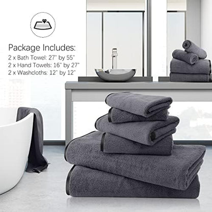 TENSTARS Luxury Silk Hemming Towel Set - Light Thin Quick Drying - 2 Bath Towels 2 Hand Towels 2 Washcloths - Ultra Soft Microfiber, for Bath Fitness, Sports, Yoga, Travel (Dark Grey 6 Pieces)