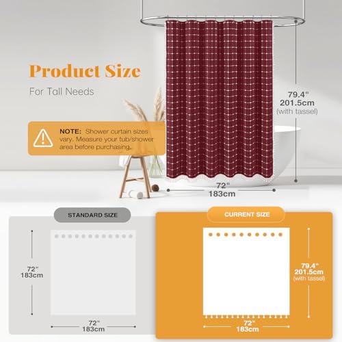 BTTN 72x78 Boho Farmhouse Linen Heavy Duty Fabric Shower Curtain, Burgundy