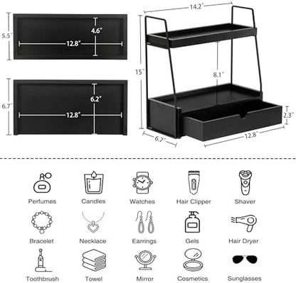 2-Tier Bathroom Countertop Organizer with Drawer, Wood Vanity Shelf Black