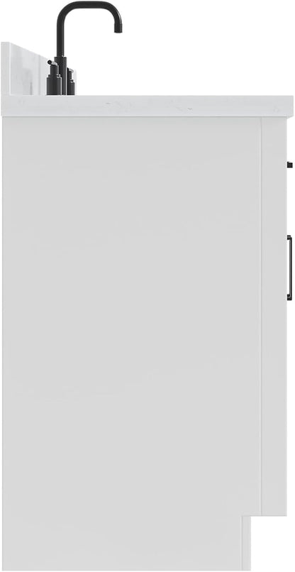 ARIEL Hepburn 60-inch Bathroom Vanity with Sink,Solid Wood, 1.5-inch Carrara White Quartz Countertop & Backsplash, Single Rectangular Porcelain Sink, 2 Soft Closing Doors, 9 Dovetail Drawers, White