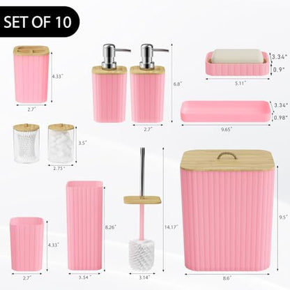 Bathroom Accessories Set - 10PC Bathroom Set, Pink Bathroom Set, Bathroom Accessories Set, Toilet Brush, Bathroom Trash Can & Soap Dispenser