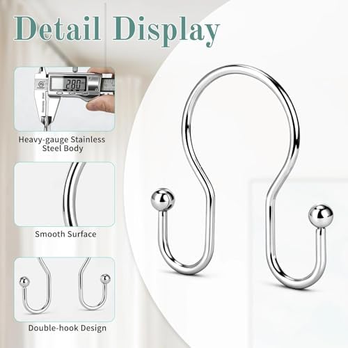 Goowin Shower Curtain Hooks, 12 Pcs Shower Curtain Rings, Stainless Steel Shower Curtain Hangers, Metal Shower Curtain Hooks Rings Rust Proof, Minimalist Shower Hooks for Shower Curtain, Chrome