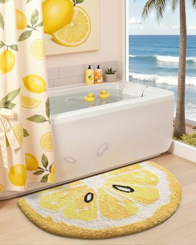 DEXI Cute Lemon Bath Mat, Half Round Fruit Bathroom Rugs 36x20