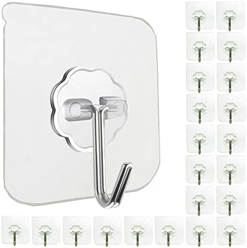 24 Pack Adhesive Wall Hooks 33LB Heavy Duty No Drill Clear Sticky Hooks