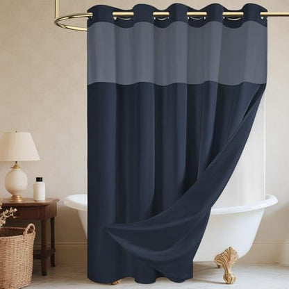 WONICY No Hook Shower Curtain with Snap-in Liner, Navy, 71 x 86