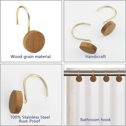 Shower Curtain Hooks, Wood Decorative Shower Curtain Rings, Modern Round Log Shower Curtain Hangers, 12PCS Shower Hooks for Shower Curtain Rod, Bedroom, Living Room (Gold)