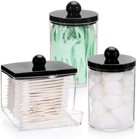 Tbestmax 10oz Cotton Ball Holder Qtips Dispenser, Bathroom Container Organizer for Storage Cotton Swabs, Pads - Apothecary Jar with Black Lids