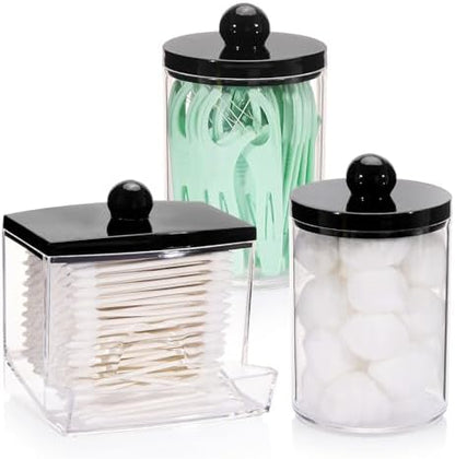 Tbestmax 10oz Cotton Ball Holder Qtips Dispenser, Bathroom Container Organizer for Storage Cotton Swabs, Pads - Apothecary Jar with Black Lids