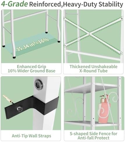 Over-The-Toilet Storage Rack 4-Tier,Bathroom Organizer Shelf Over Toilet,Adjustable Wooden Shelves and Basket,Freestanding Above Toilet Shelve,Space Saver for Rooms(White Rack-White Shelves)