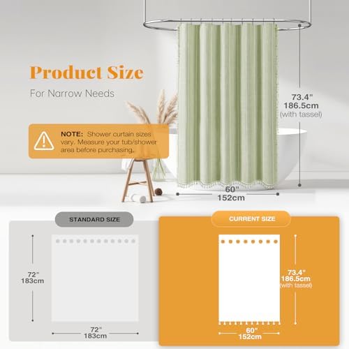 BTTN 60x72 Boho Farmhouse Linen Heavy Duty Shower Curtain Set, Sage Green