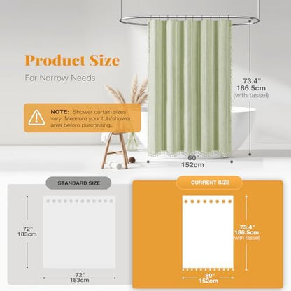 BTTN 60x72 Boho Farmhouse Linen Heavy Duty Shower Curtain Set, Sage Green