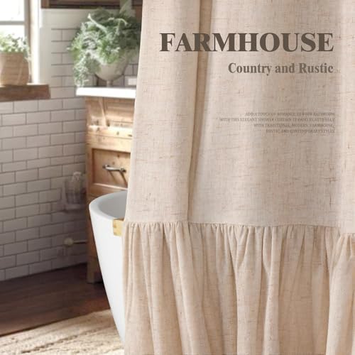 Farmhouse Shower Curtain Ruffle Linen Beige 54" W x 72" L