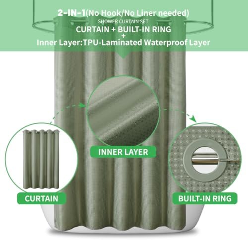 No Hook Waffle Shower Curtain, No Liner Needed, 71x74 Inch, Sage Green