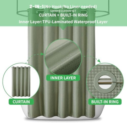 No Hook Waffle Shower Curtain, No Liner Needed, 71x74 Inch, Sage Green