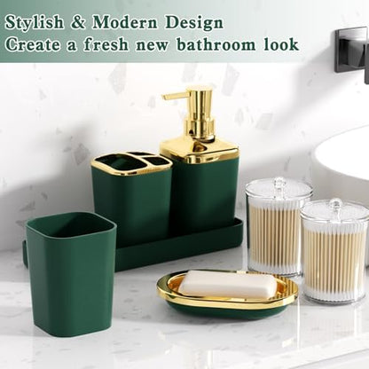 XLHOMO Green and Gold Bathroom Accessories Set, Bathroom Sets with Shower Curtain, Green Bathroom Accessories with Trash Can, Soap Dispenser, Soap Dish, Toilet Brush Holder, Qtip Holders