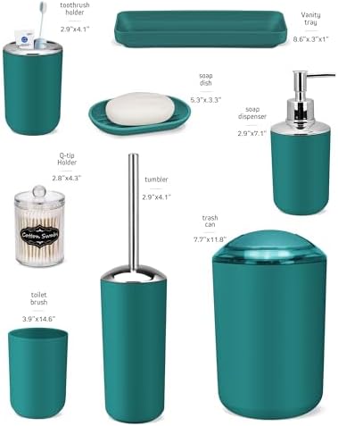 IMAVO Bathroom Accessories Set,Peacock Green Bathroom Set,9 Pieces Bathroom Accessory Set,Tray,Qtip Holders,Toilet Brush,Trash Can for Bathroom Décor and Home Gifts