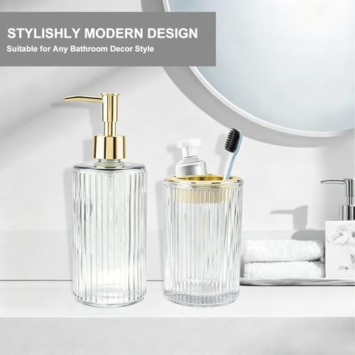 Clear Glass Bathroom Accessories Set, Soap Dispenser and Toothbrush Holder
